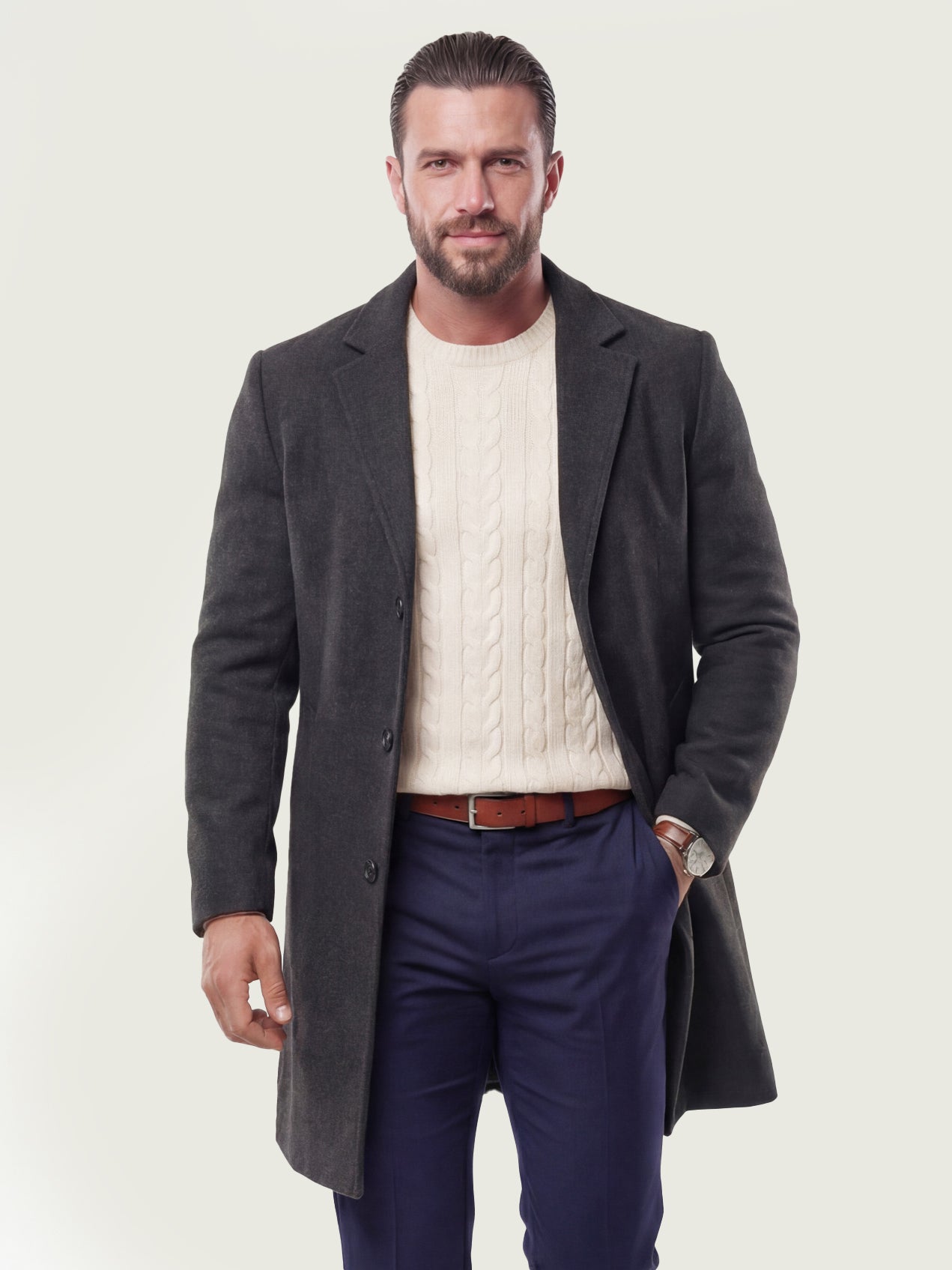 KZZ Men's Solid Button Front Lapel Neck Midi Coat Wear
