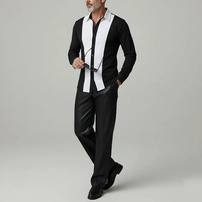 KZZ Men's Black White Contrast Shirt Collar Single Breasted Long Sleeve Shirts