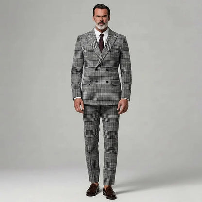 KZZ Men's Business Plaid Notched Lapel Long Sleeve Blazer & Straight Leg Pants 2Pcs Set