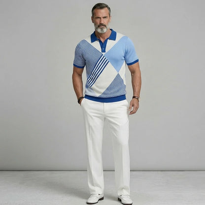 KZZ Men's Casual Colorblock Striped Pattern Turndown Collar Polo Shirt