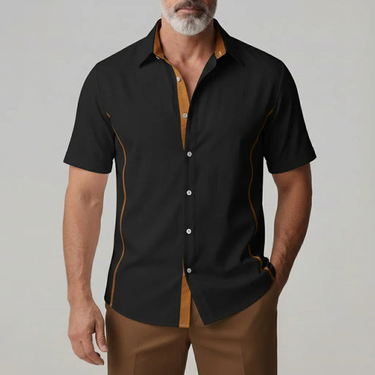 KZZ Men's Casual Contrast Placket Single Breasted Short Sleeve Shirt