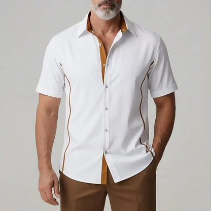 KZZ Men's Casual Contrast Placket Single Breasted Short Sleeve Shirt