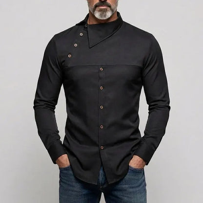 KZZ Men's Casual Solid Shirt Collar Asymmetrical Buttons Long Sleeve Shirts