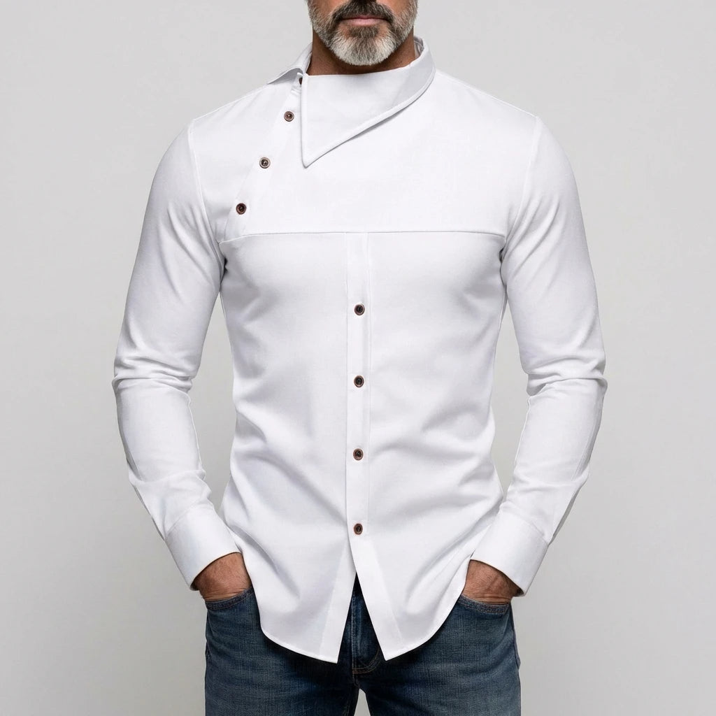 KZZ Men's Casual Solid Shirt Collar Asymmetrical Buttons Long Sleeve Shirts