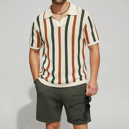 KZZ Men's Contrast Striped Short Sleeve Polo Shirt & Drawstring Shorts 2Pcs Set