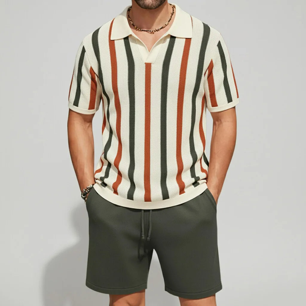 KZZ Men's Contrast Striped Short Sleeve Polo Shirt & Drawstring Shorts 2Pcs Set