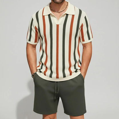 KZZ Men's Contrast Striped Short Sleeve Polo Shirt & Drawstring Shorts 2Pcs Set