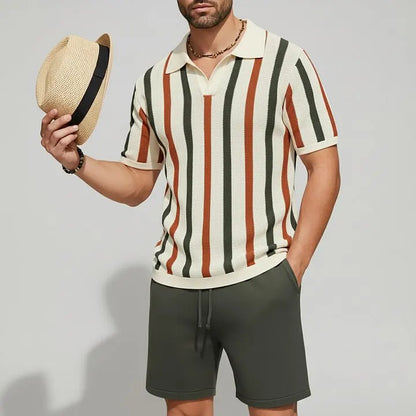 KZZ Men's Contrast Striped Short Sleeve Polo Shirt & Drawstring Shorts 2Pcs Set