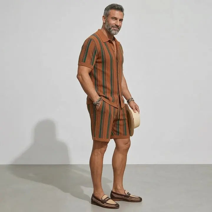 KZZ Men's Contrast Striped Turndown Collar Short Sleeve Shirt & Drawstring Shorts  Set