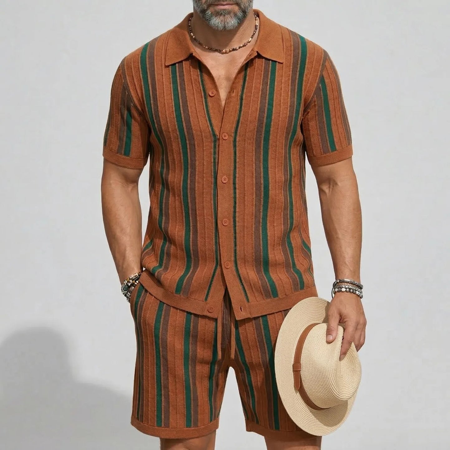 KZZ Men's Contrast Striped Turndown Collar Short Sleeve Shirt & Drawstring Shorts  Set