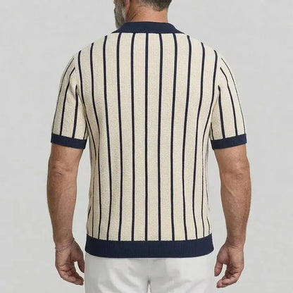 KZZ Men's Contrast Trim Striped Cable Knit Single Breasted Short Sleeve Shirt