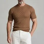 KZZ Men's Daily Crew Neck Short Sleeve Argyle Knit T-Shirt