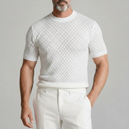 KZZ Men's Daily Crew Neck Short Sleeve Argyle Knit T-Shirt