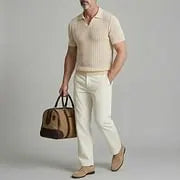 KZZ Men's Light Blue Wave Texture Hollow Out Turndown Collar Casual Polo Shirt