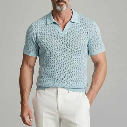 KZZ Men's Light Blue Wave Texture Hollow Out Turndown Collar Casual Polo Shirt