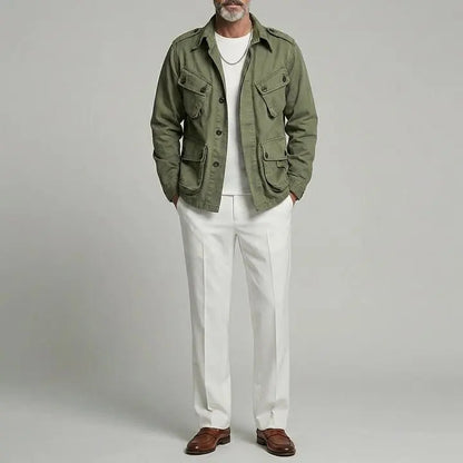 KZZ Men's Olive Green Lapel Collar Multi-Pocket Single Breasted Cargo Jacket