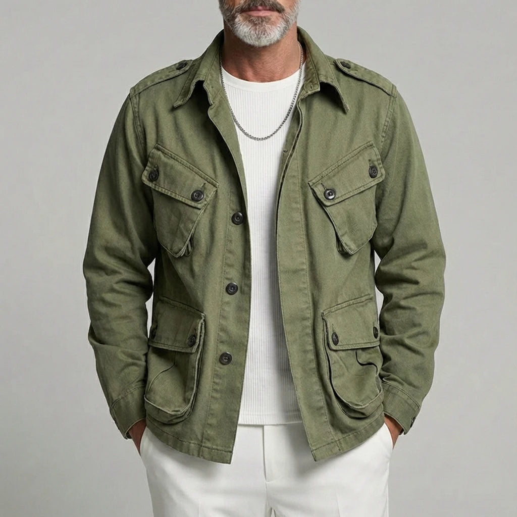 KZZ Men's Olive Green Lapel Collar Multi-Pocket Single Breasted Cargo Jacket