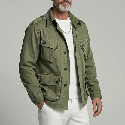 KZZ Men's Olive Green Lapel Collar Multi-Pocket Single Breasted Cargo Jacket