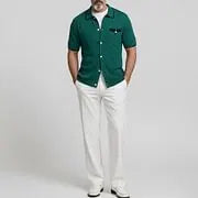 KZZ Men's Pit Stripe Chest Pocket Contrast Binding Casual Short Sleeve Shirt