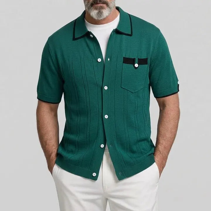 KZZ Men's Pit Stripe Chest Pocket Contrast Binding Casual Short Sleeve Shirt