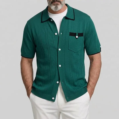 KZZ Men's Pit Stripe Chest Pocket Contrast Binding Casual Short Sleeve Shirt
