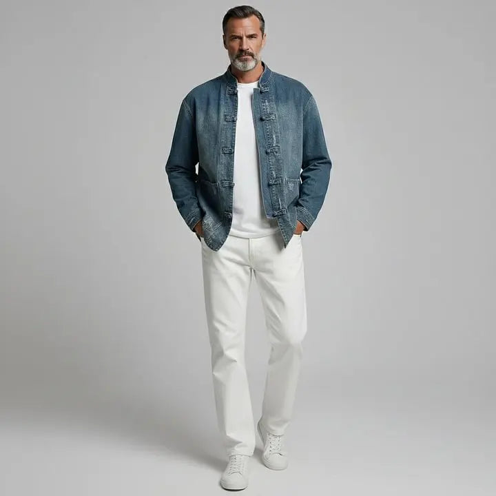 KZZ Men's Retro Denim Stand Collar Pocket Frog Closures Long Sleeve Jacket