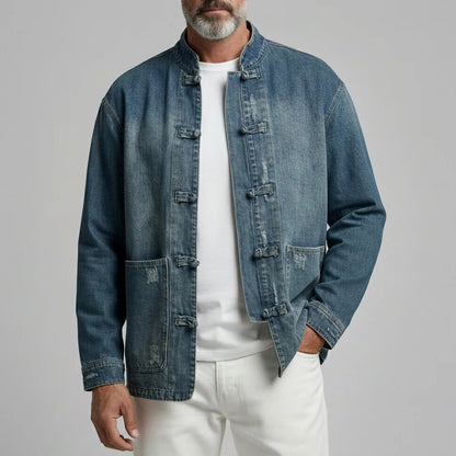KZZ Men's Retro Denim Stand Collar Pocket Frog Closures Long Sleeve Jacket