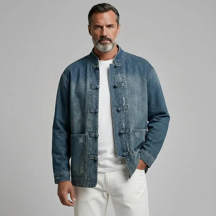 KZZ Men's Retro Denim Stand Collar Pocket Frog Closures Long Sleeve Jacket