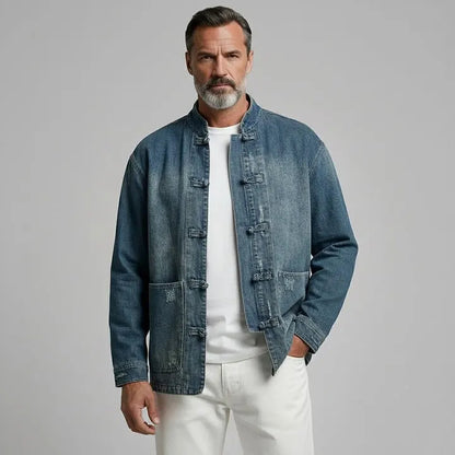 KZZ Men's Retro Denim Stand Collar Pocket Frog Closures Long Sleeve Jacket