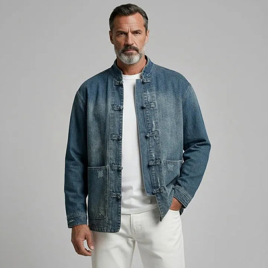 KZZ Men's Retro Denim Stand Collar Pocket Frog Closures Long Sleeve Jacket