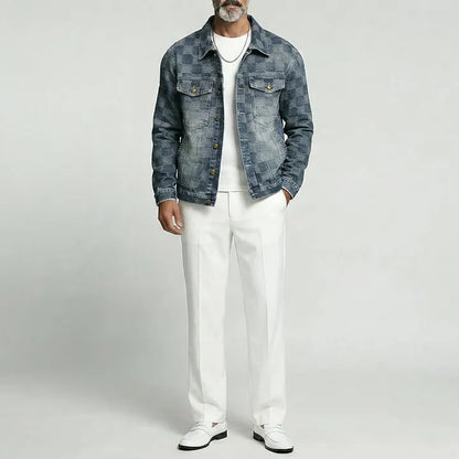 KZZ Men's Retro Washed Checkered Denim Single Breasted Long Sleeve Jacket