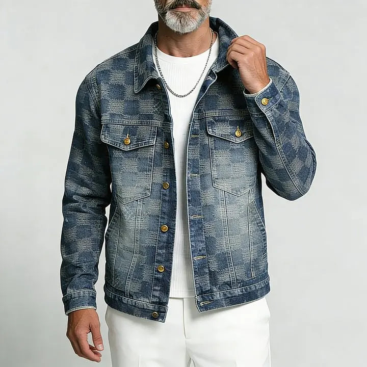 KZZ Men's Retro Washed Checkered Denim Single Breasted Long Sleeve Jacket