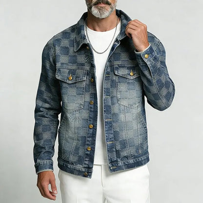 KZZ Men's Retro Washed Checkered Denim Single Breasted Long Sleeve Jacket