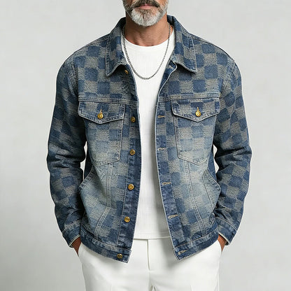 KZZ Men's Retro Washed Checkered Denim Single Breasted Long Sleeve Jacket