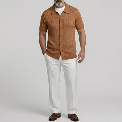 KZZ Men's Solid Color Cable Knit Herringbone Short Sleeve Casual Shirt