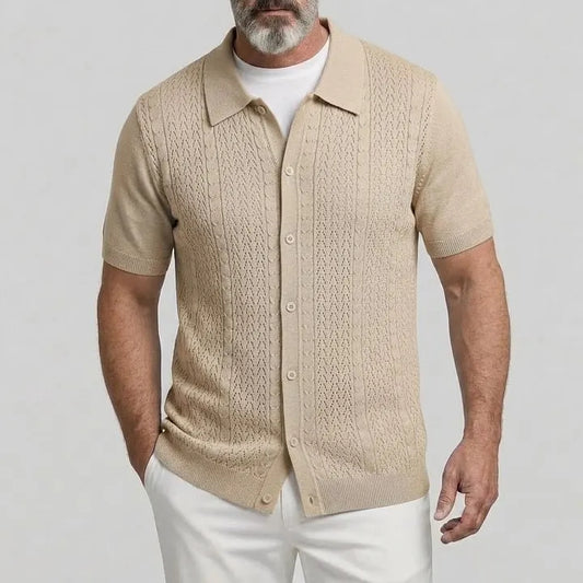 KZZ Men's Solid Color Cable Knit Herringbone Short Sleeve Casual Shirt