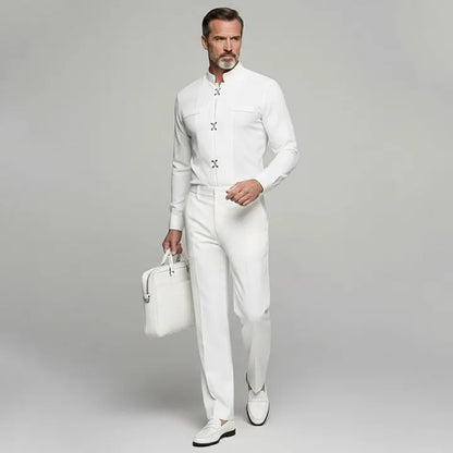 KZZ Men's Solid Stand Collar Metal Button Long Sleeve Shirts