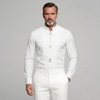 KZZ Men's Solid Stand Collar Metal Button Long Sleeve Shirts