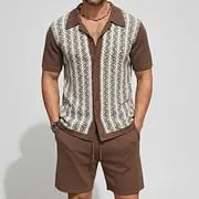 KZZ Men's Vacation Color Block Short Sleeve Jacquard Knit Shirt & Shorts 2Pcs Set