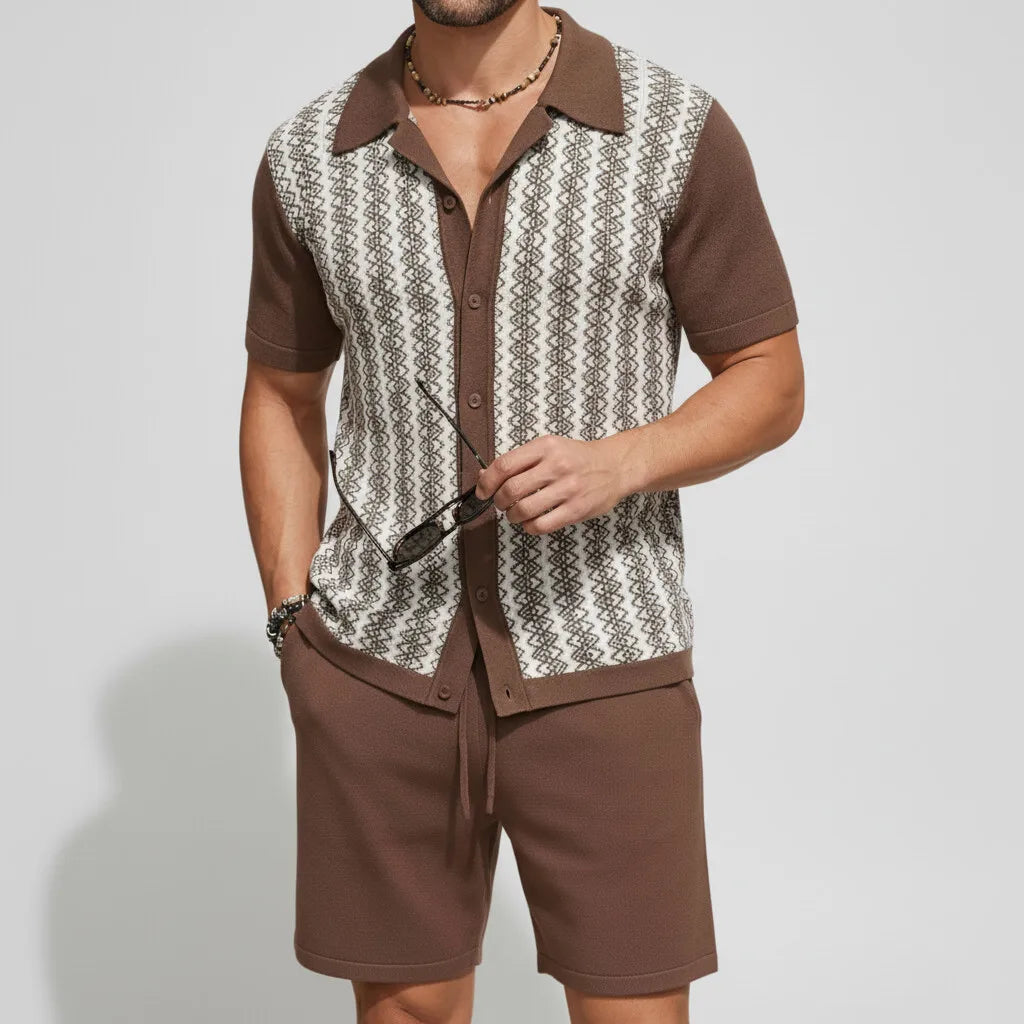 KZZ Men's Vacation Color Block Short Sleeve Jacquard Knit Shirt & Shorts 2Pcs Set