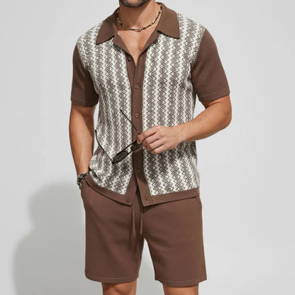KZZ Men's Vacation Color Block Short Sleeve Jacquard Knit Shirt & Shorts 2Pcs Set