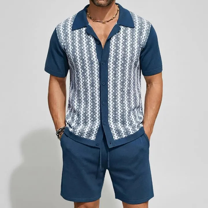 KZZ Men's Vacation Color Block Short Sleeve Jacquard Knit Shirt & Shorts 2Pcs Set