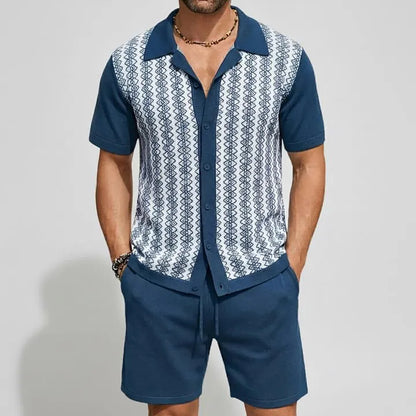 KZZ Men's Vacation Color Block Short Sleeve Jacquard Knit Shirt & Shorts 2Pcs Set