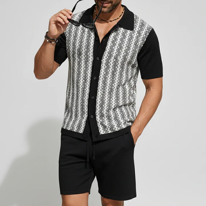 KZZ Men's Vacation Color Block Short Sleeve Jacquard Knit Shirt & Shorts 2Pcs Set