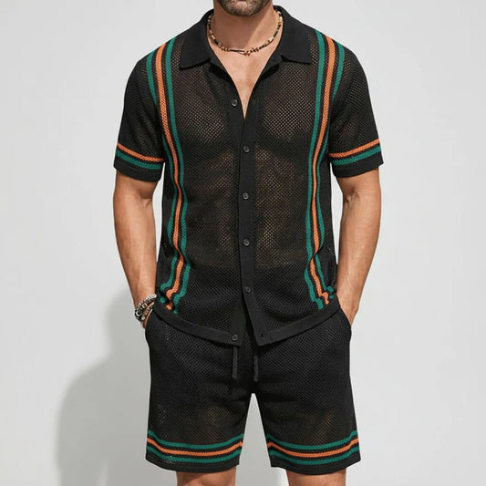KZZ Men's Vacation Contrast Striped Short Sleeve Mesh Knit Shirt & Drawstring Shorts Set