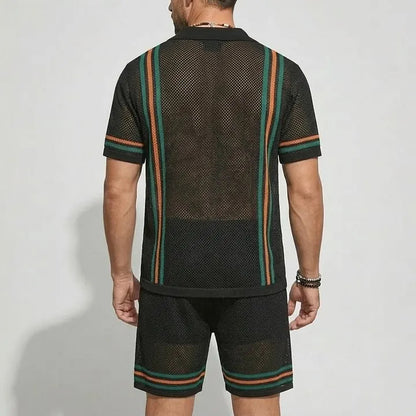 KZZ Men's Vacation Contrast Striped Short Sleeve Mesh Knit Shirt & Drawstring Shorts Set