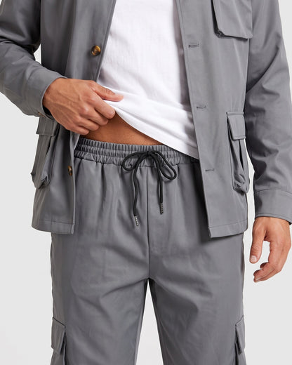 KZZ Men's Solid Color Pocket Button Front Shirt & Pants Two-Piece Set