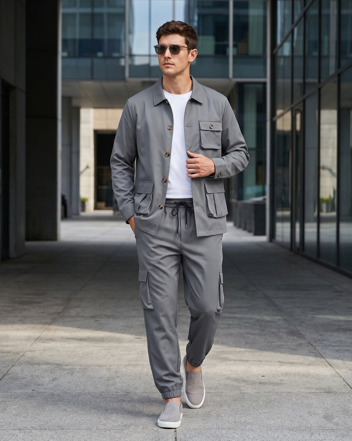 KZZ Men's Solid Color Pocket Button Front Shirt & Pants Two-Piece Set