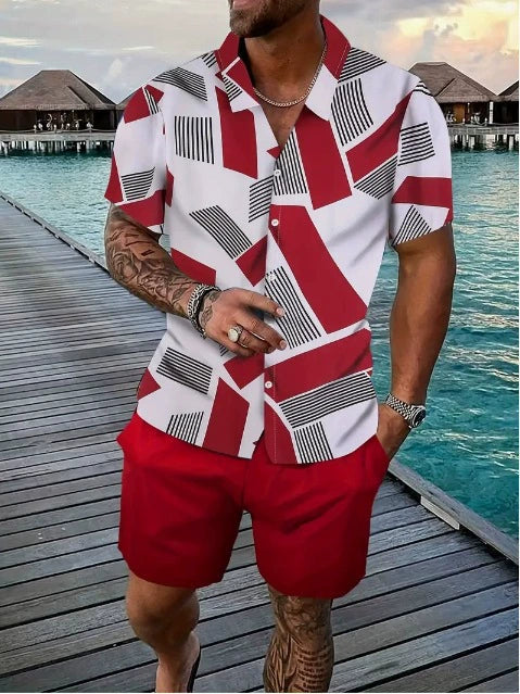 KZZ Men's Geometric Print Shirt & Shorts Two-piece Set