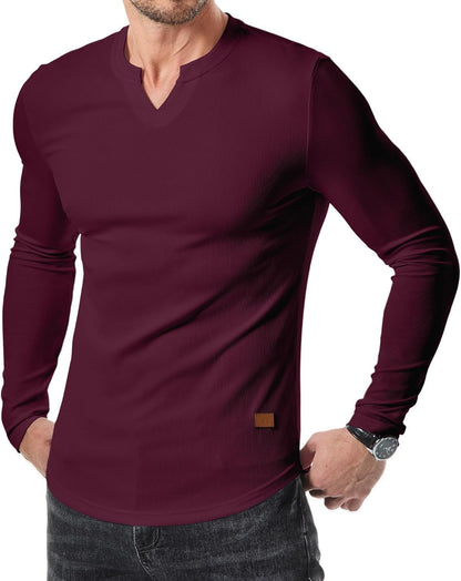 KZZ Men's Solid Casual Shirt Slim Fit T-Shirt, V-Neck Long Ribbed T-Shirt